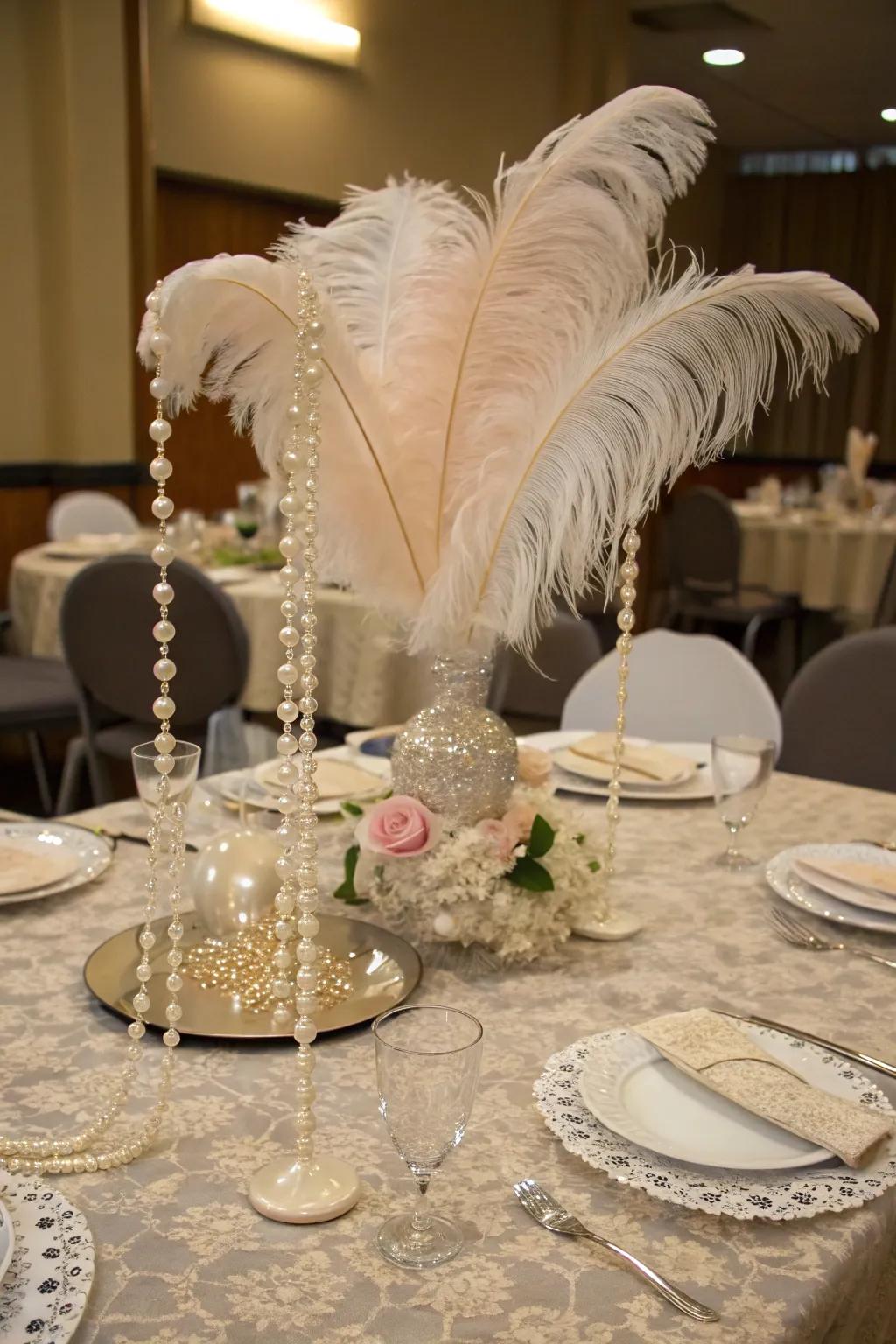 Feathers and pearls bring vintage elegance to your table.