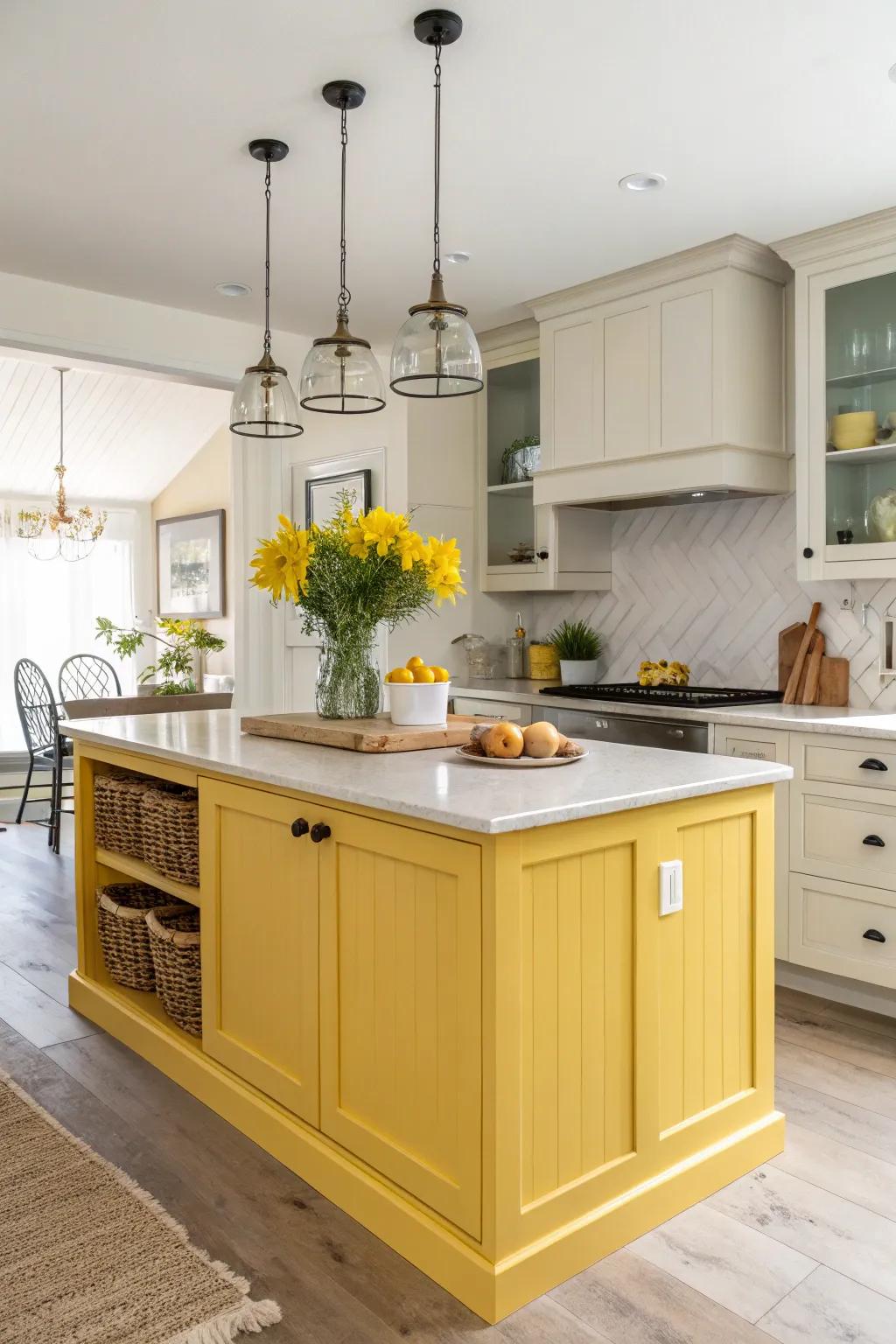 A sunny yellow kitchen island injects energy and happiness into the kitchen environment.