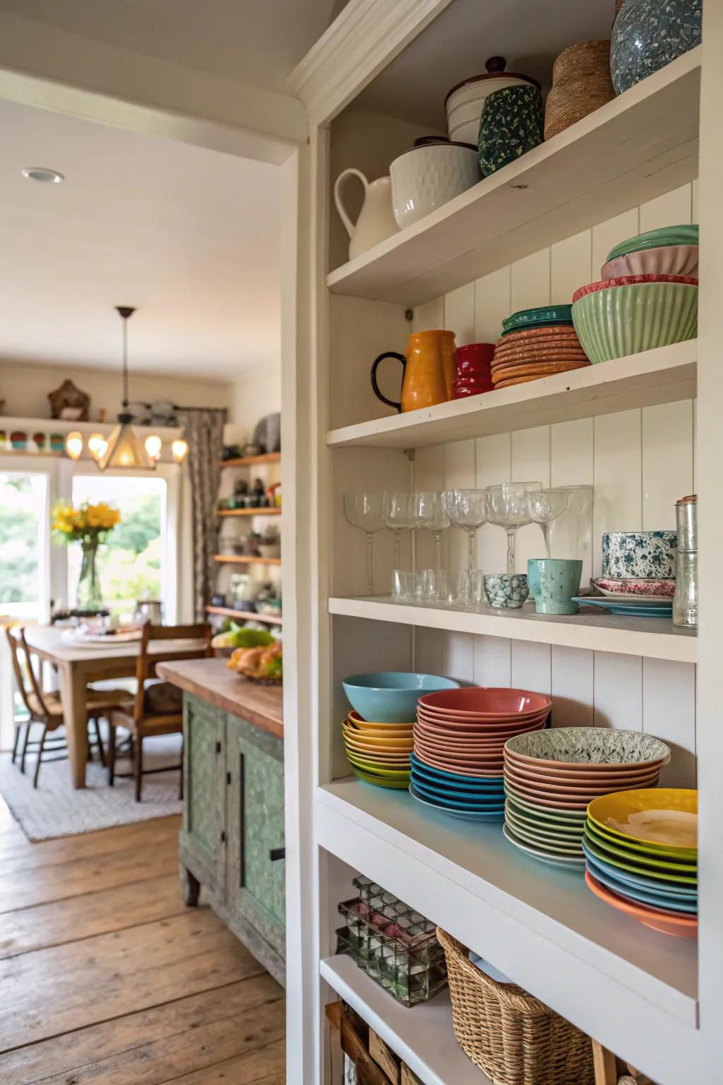 Open shelves add a sense of airiness to a kitchen without windows.