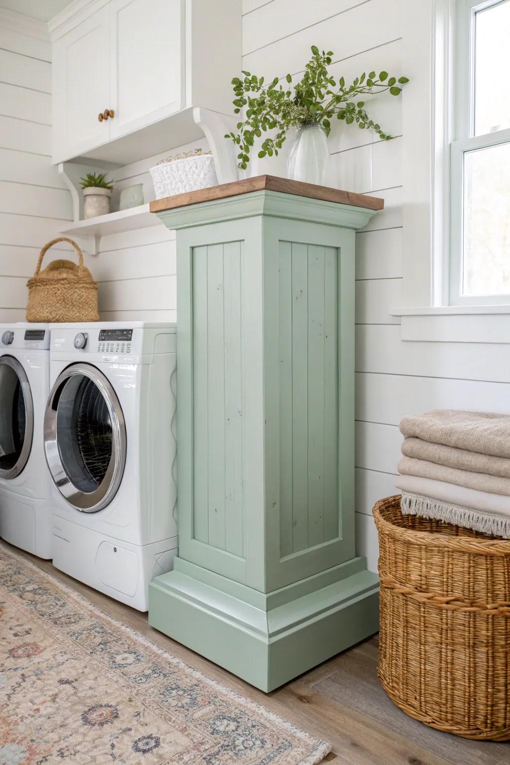 Elevate your laundry space with a color-coordinated pedestal, blending seamlessly with your decor for a touch of elegance and functionality.