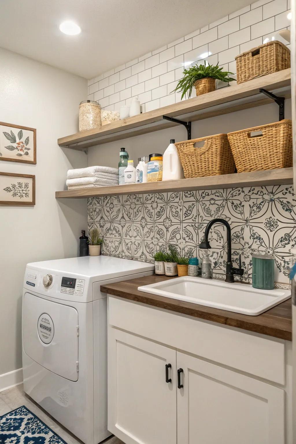 Open shelving blends functionality with decorative flair.