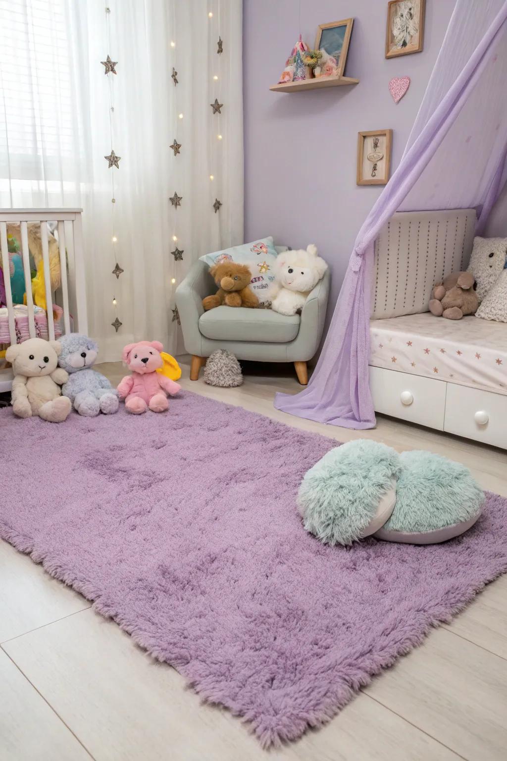 A lavender rug adds warmth and coziness.