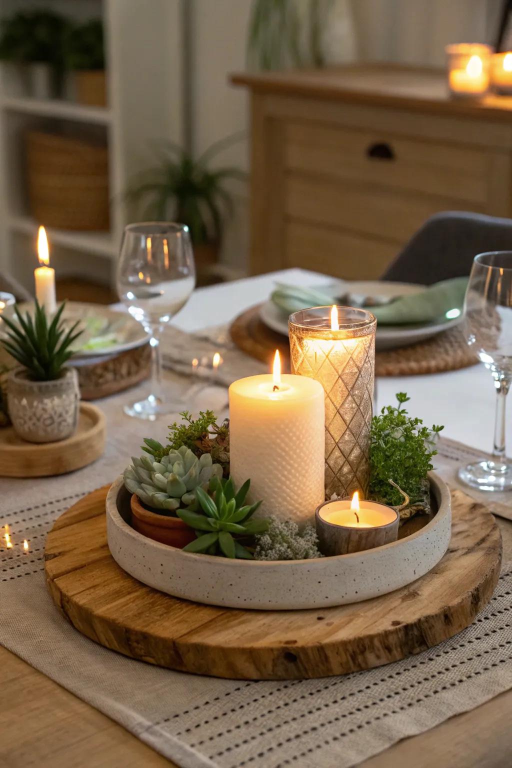 A stylish dining table setup with a lazy susan as the centerpiece.