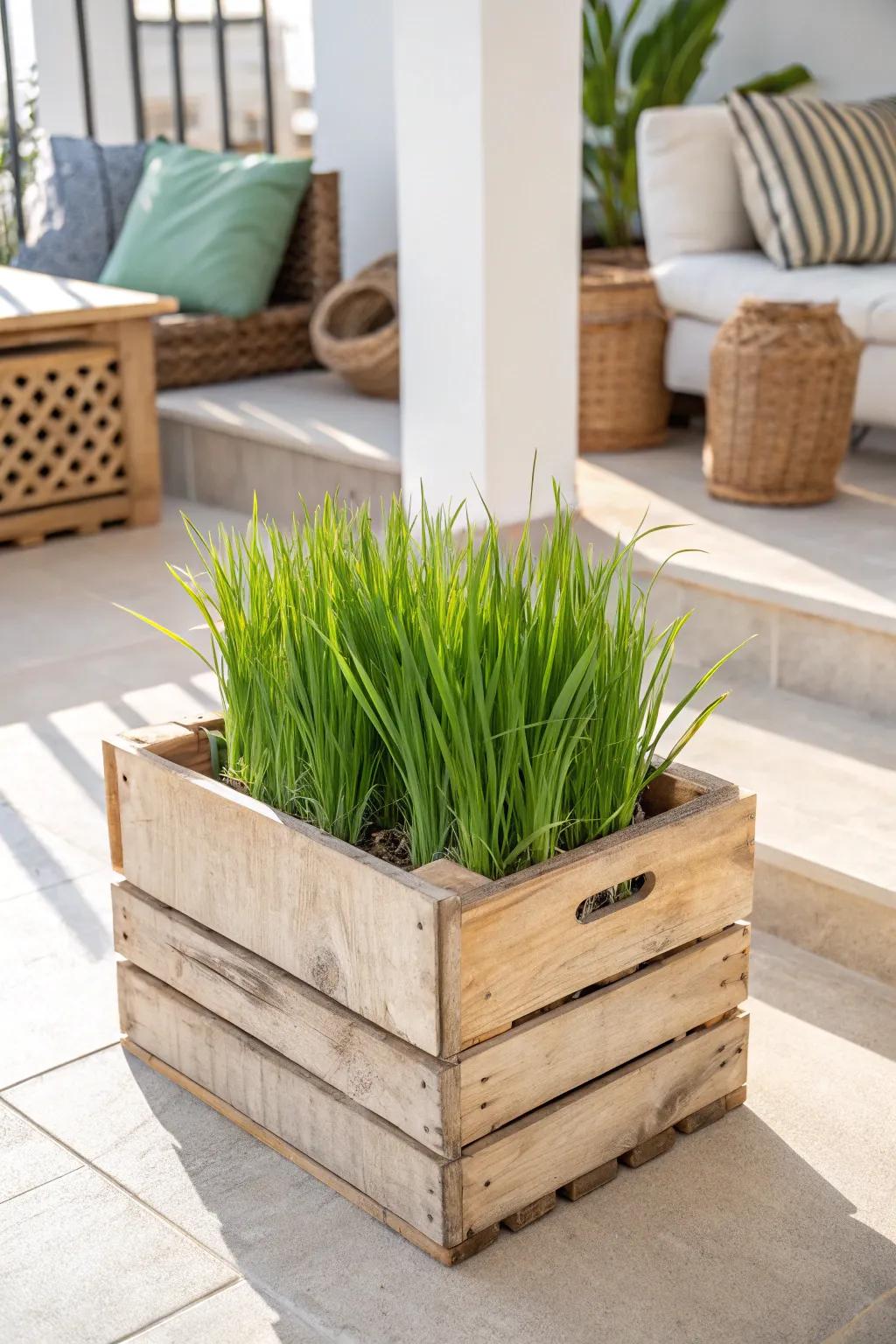 Elevate your outdoor space with the rustic charm of a wooden crate planter, perfectly blending Scandinavian minimalism with boho warmth.