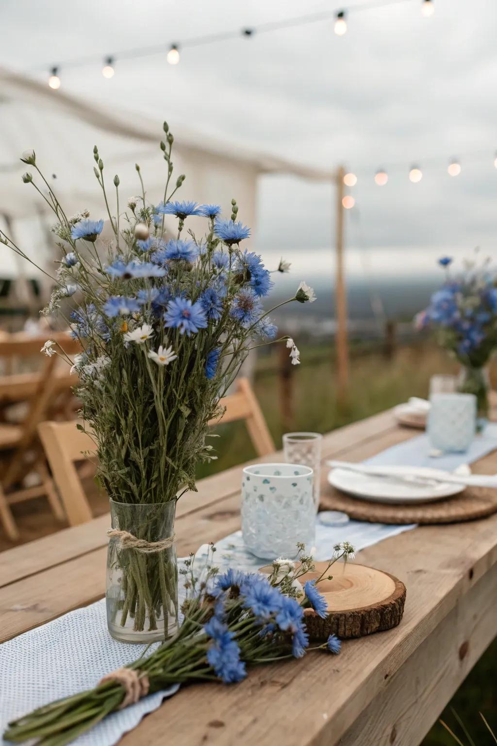 Rustic charm with dainty light blue cornflowers.