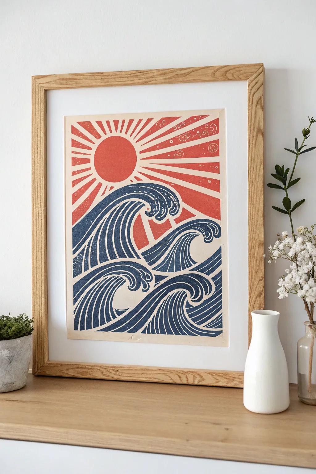 Bring the calm of the ocean and warmth of the sun into your home with this stunning linocut landscape art piece.