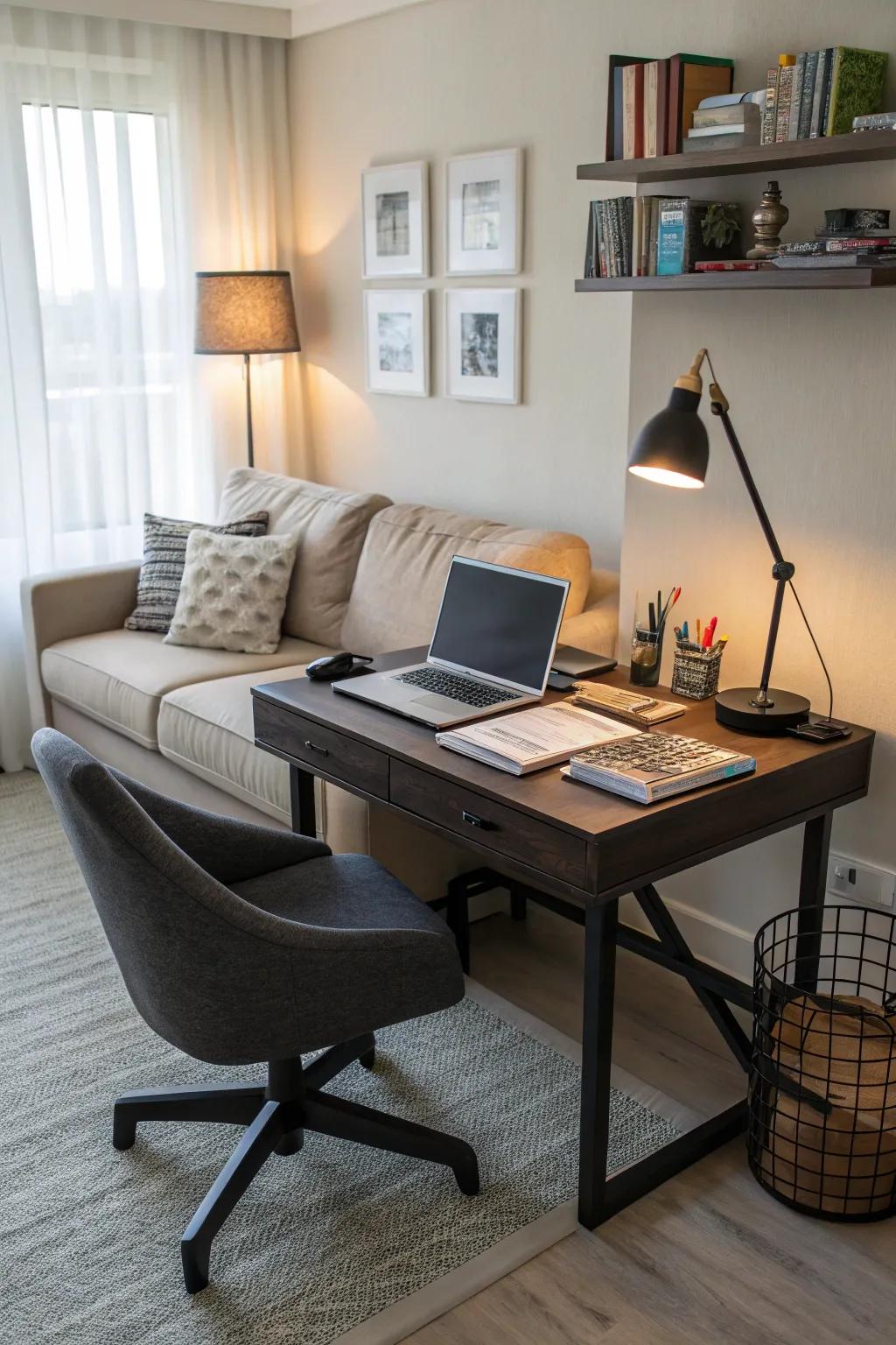 A smart setup utilizing the space behind the sofa.
