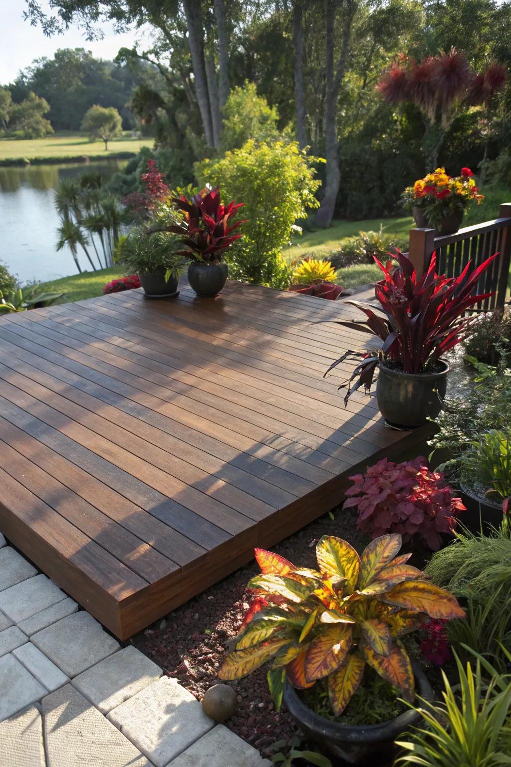 Transform your space into a natural oasis with a handcrafted floating deck surrounded by vibrant greenery.