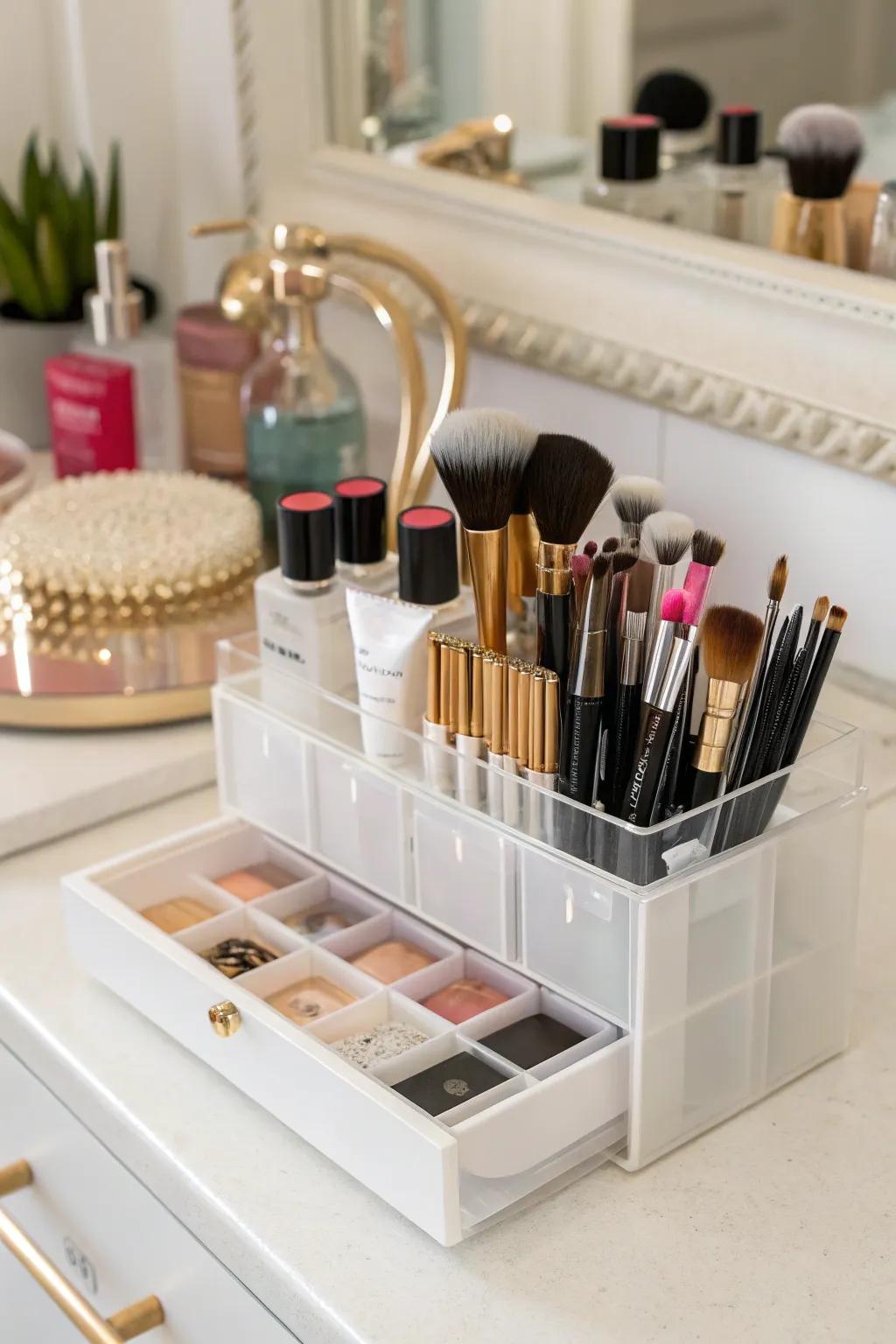 Compartmentalized organizers keep brushes sorted and easy to find.