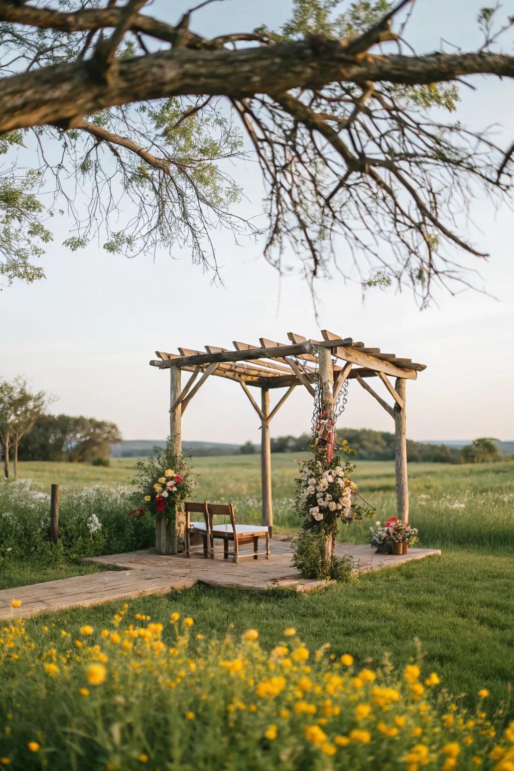 A rustic open-air mandap perfectly blends with nature's beauty.