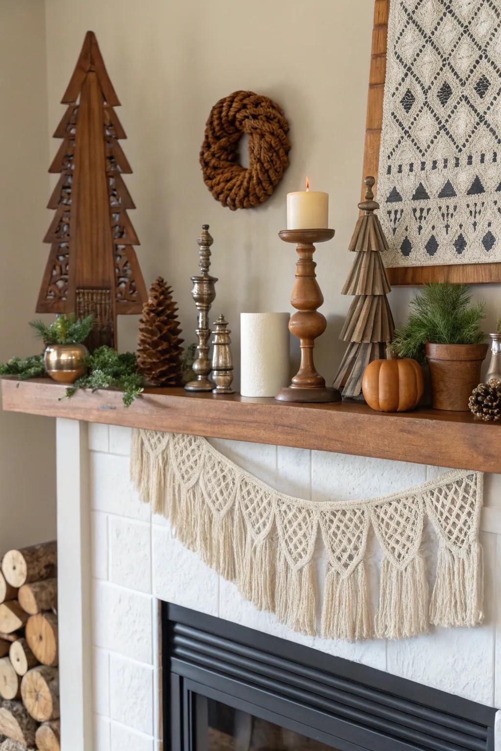 Mix textures for a cozy and inviting mantel.