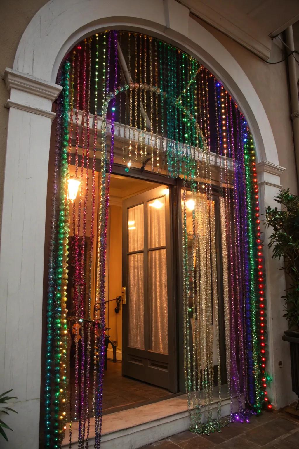 Add whimsical charm with Mardi Gras bead curtains.