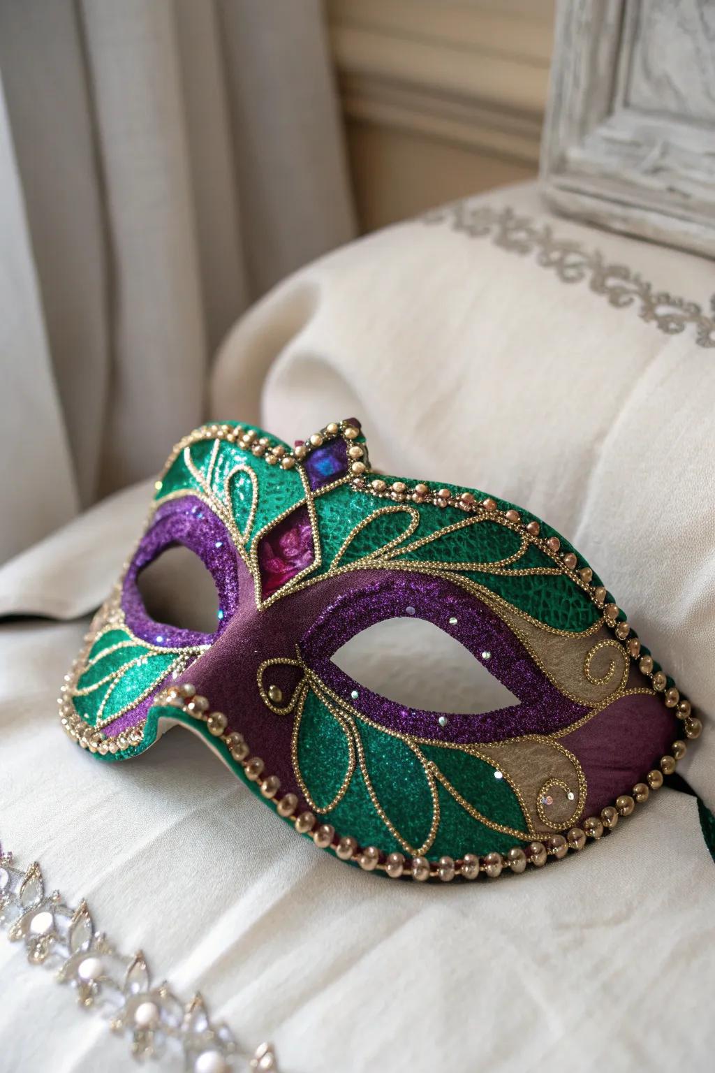 Illuminate your Mardi Gras celebration with beaded elegance. This dazzling mask is a masterpiece of craftsmanship, perfect for those who cherish simplicity and bold colors.