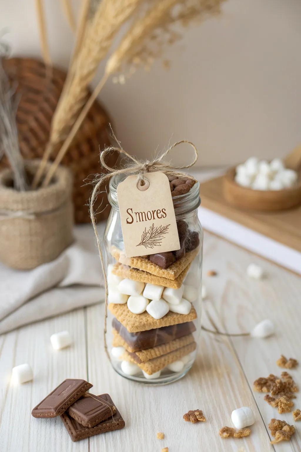 Gift the warmth of a campfire classic with this charming s'mores kit in a mason jar, perfect for a cozy, minimalist holiday surprise!