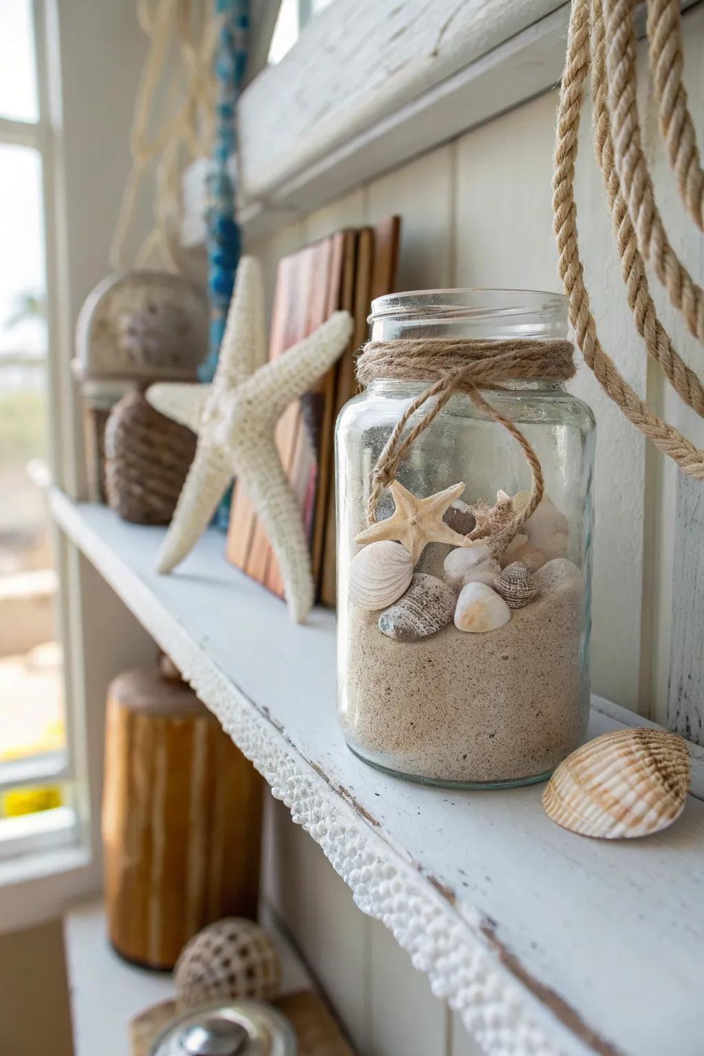 Bring the beach home with sand-filled mason jars.