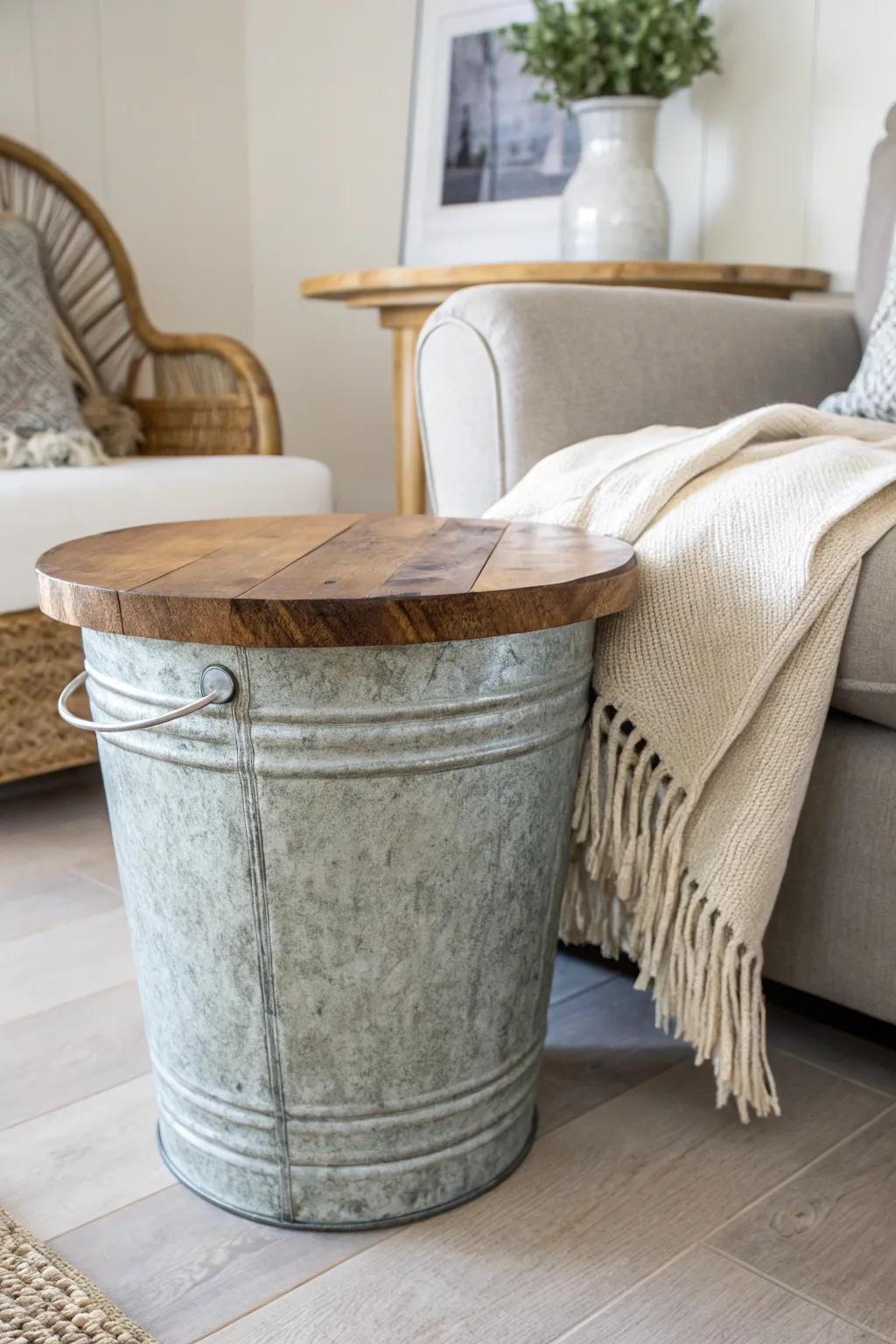 Transform a metal bucket into a chic side table with a touch of rustic charm and Scandinavian minimalism!