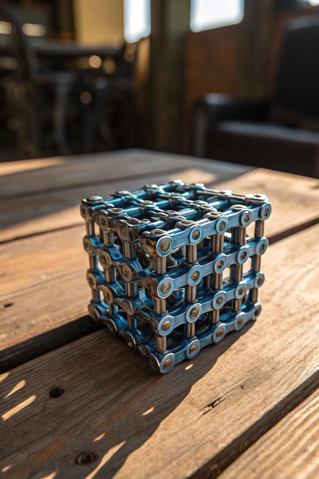 Craftsmanship meets creativity: A stunning infinity cube made from bicycle chains.