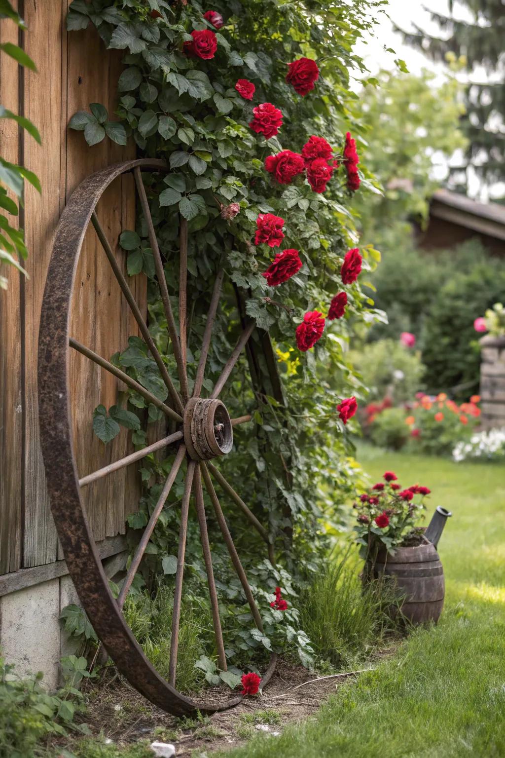 Transform your garden into a masterpiece with a vintage wagon wheel as a stunning focal point for climbing roses.