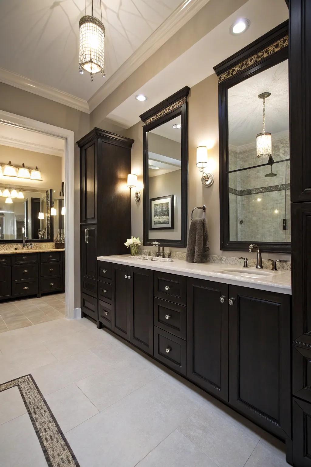 Dark finish cabinets add a bold, elegant touch to modern bathrooms.