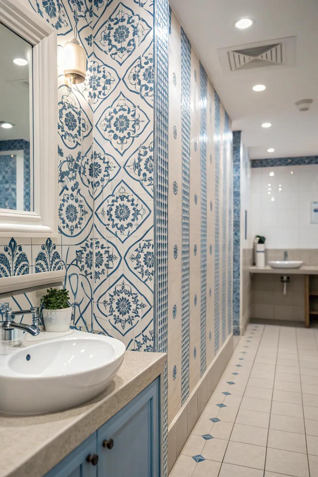 Patterned blue wallpaper adds texture and personality to this sophisticated bathroom.