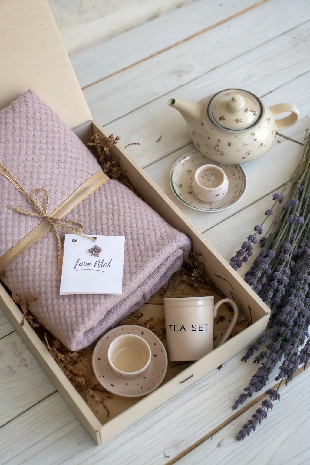 Wrap up in comfort with this perfect gift: a cozy blanket paired with a soothing tea set for those cherished moments of relaxation.