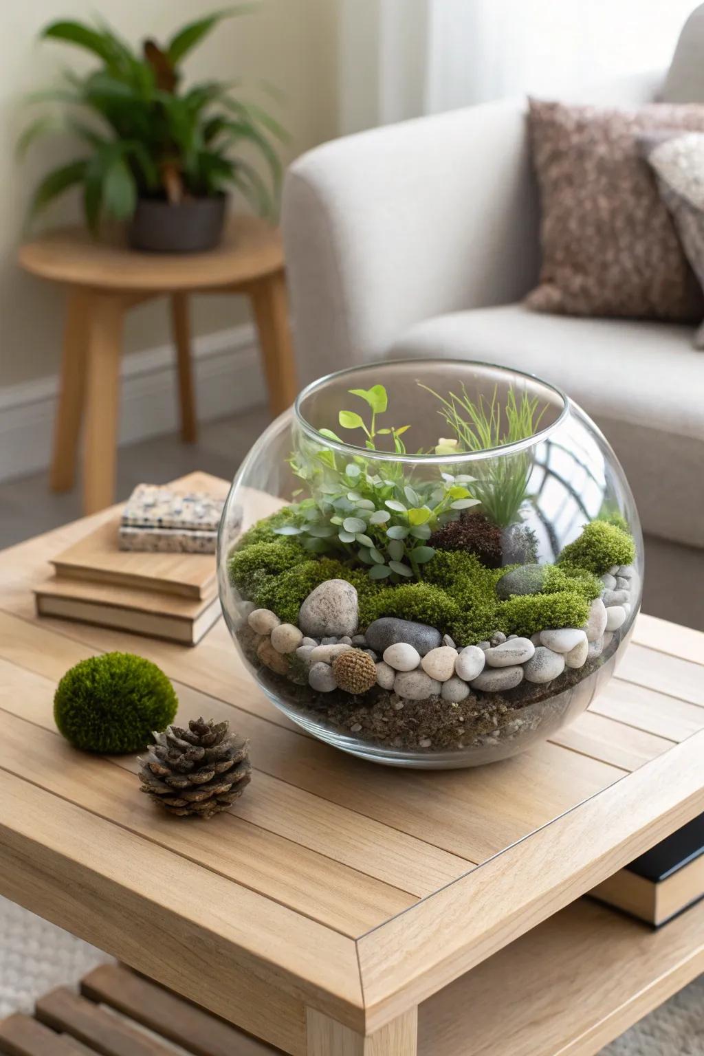 A serene pebble and moss terrarium, ideal for a calming atmosphere.