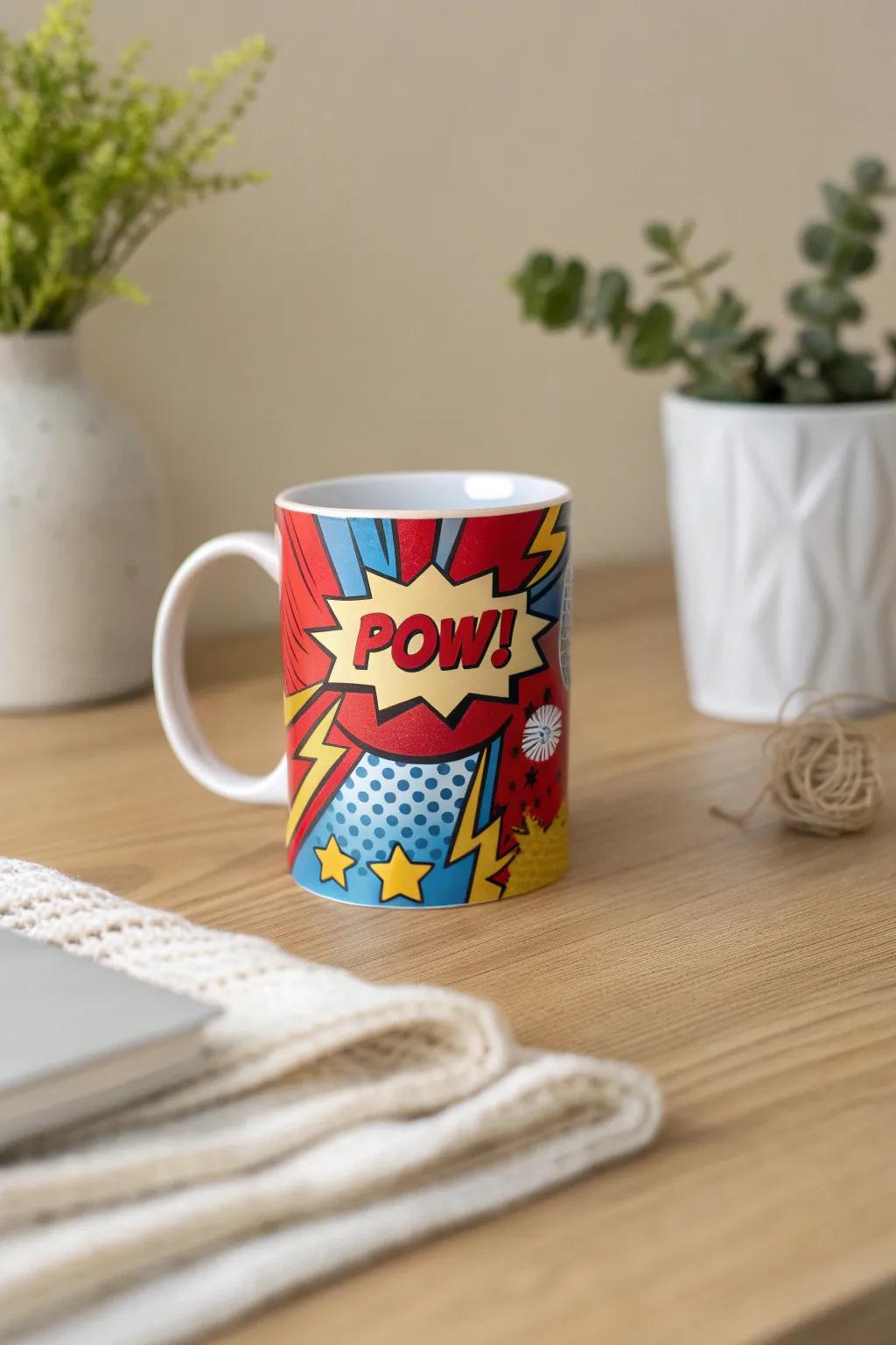 Sip your morning coffee in superhero style with this vibrant pop art mug! #ComicBookChic #ScandiBoho