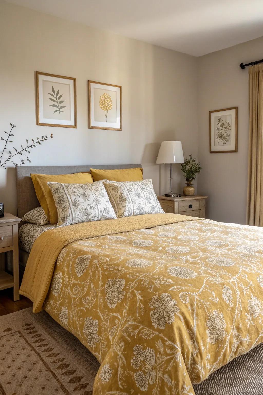 Patterned mustard bedding adding a bold statement to a neutral bedroom.