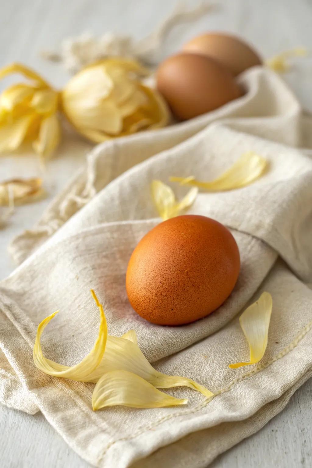 Embrace nature's palette with onion skin-dyed eggs, a perfect blend of simplicity and vibrant autumn tones.