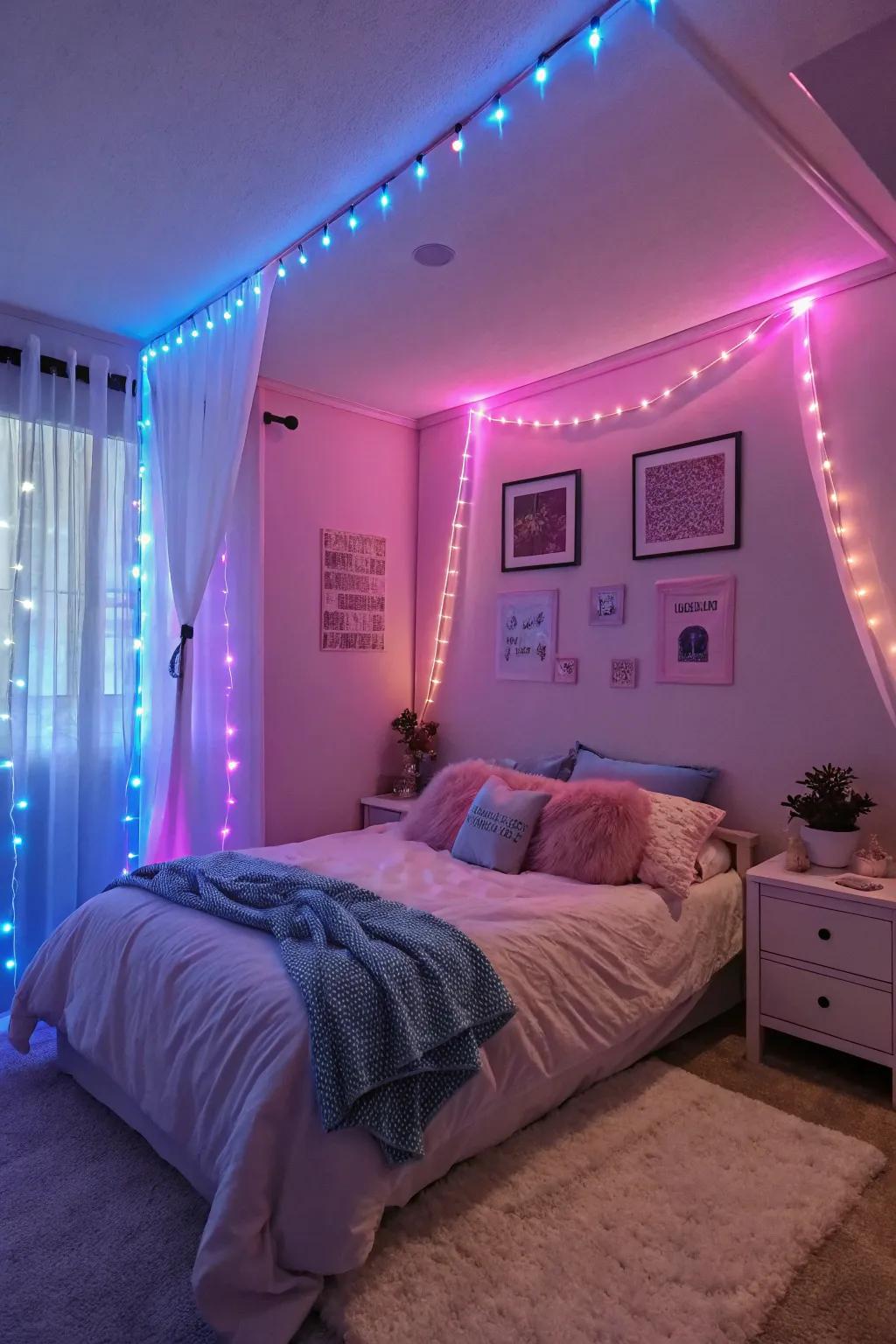 Neon accent lights turn a bedroom into a dreamy oasis.