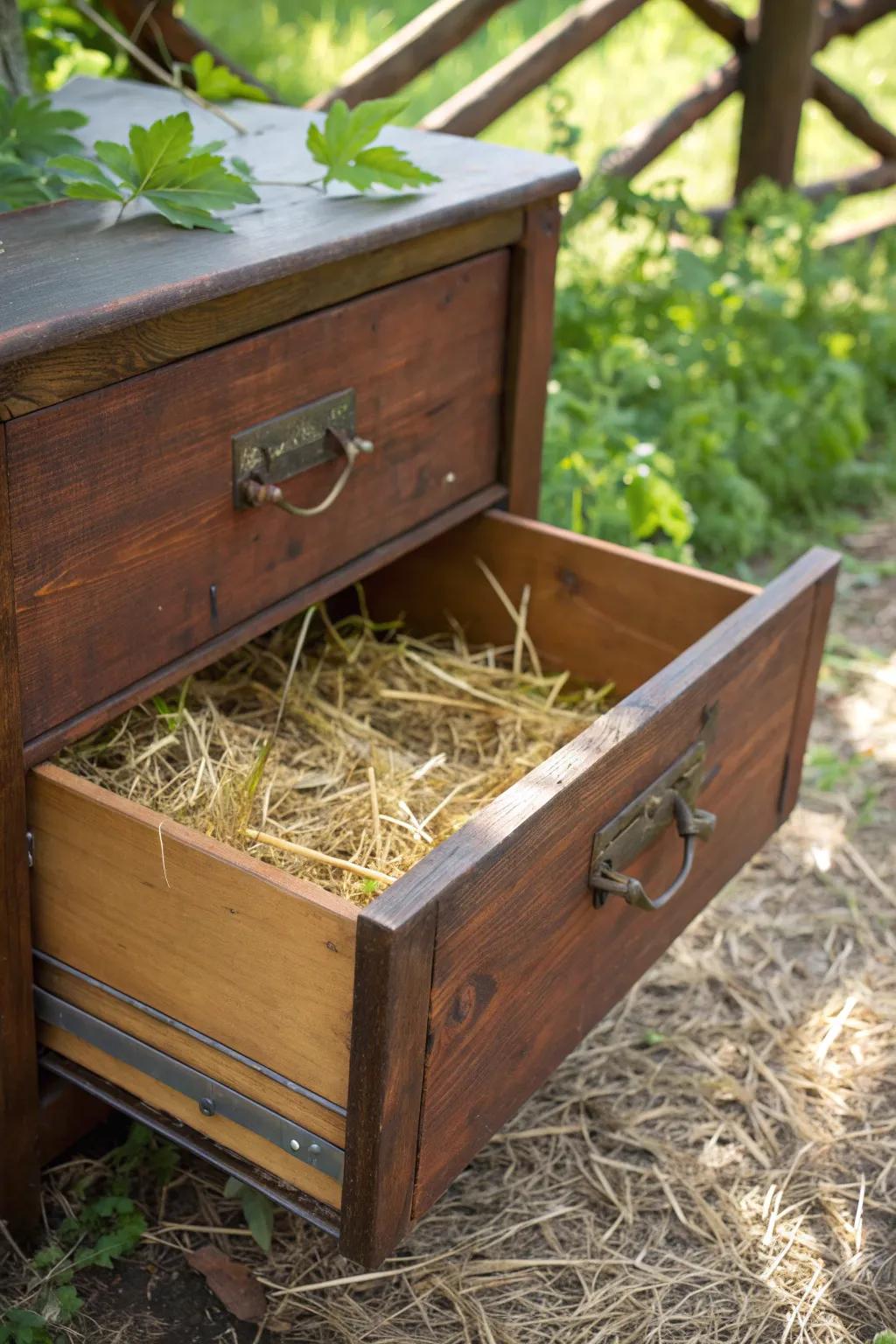 Transform an old drawer into a charming nesting box – a perfect blend of function and craftsmanship.