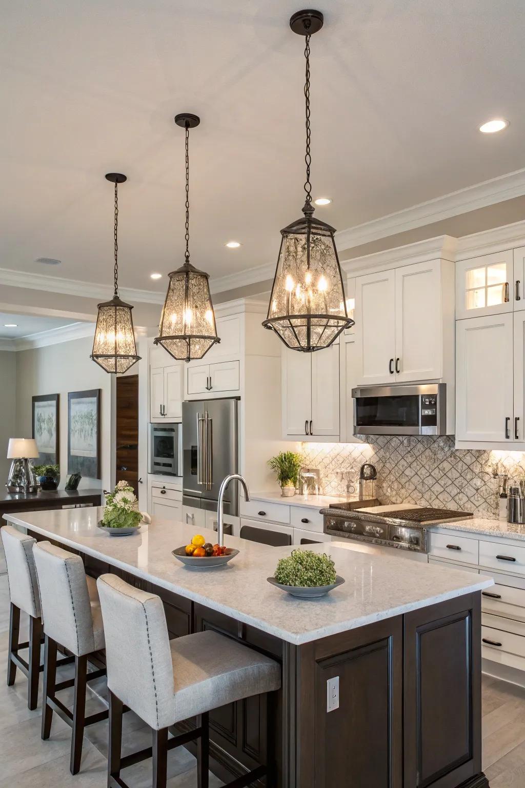 A kitchen beautifully lit by diverse pendant lights, creating a warm and inviting atmosphere.