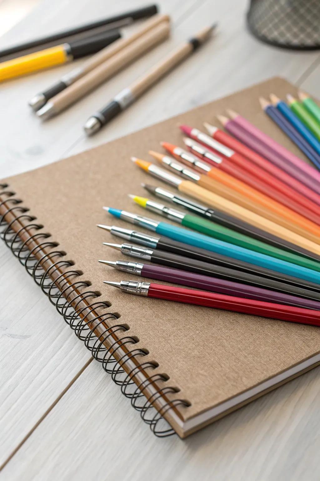 Unleash your creativity: Transform your notebook with a vibrant display of art supplies.