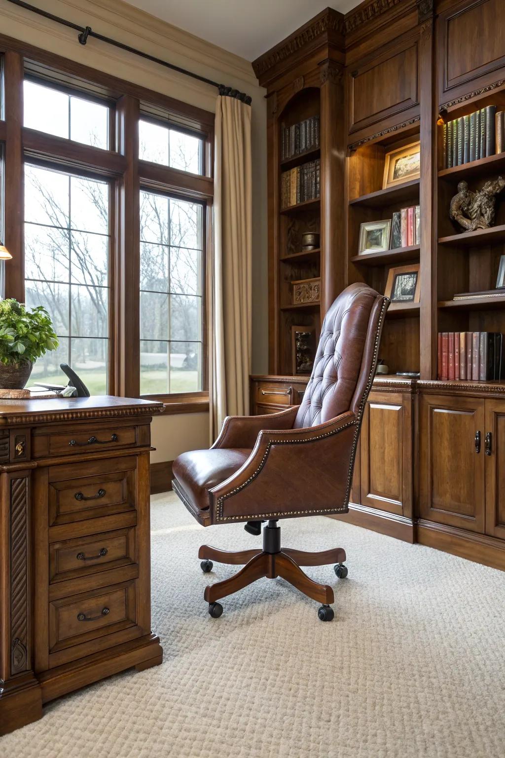 High-back chairs combine elegance with ergonomic support.