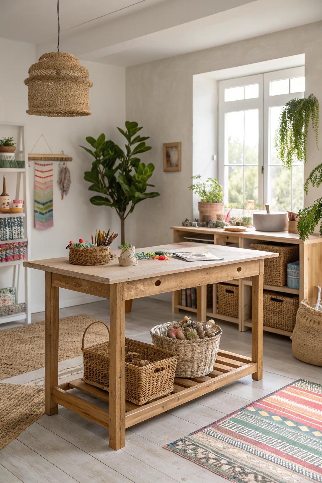 Elevate your craft space with a stunning island table that blends minimalist design with boho charm. #CraftRoomGoals #ScandiBoho