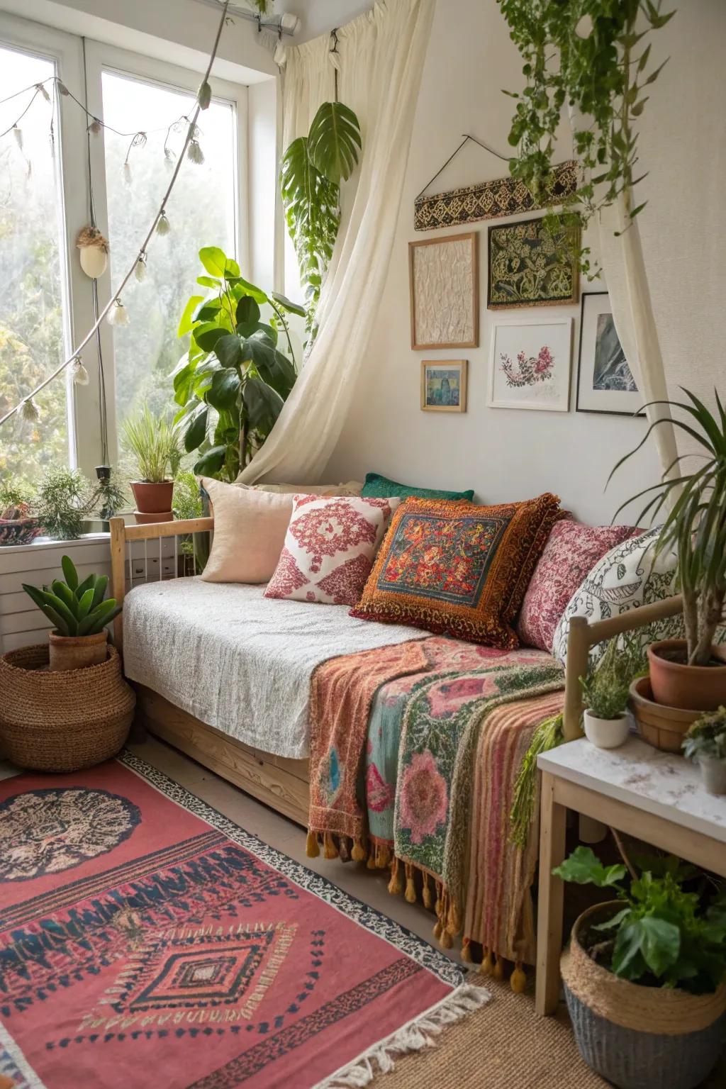 A boho daybed adds warmth and personality to your workspace.