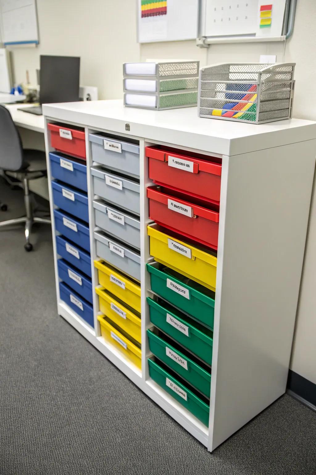 Color-coding adds a visual element to drawer organization.