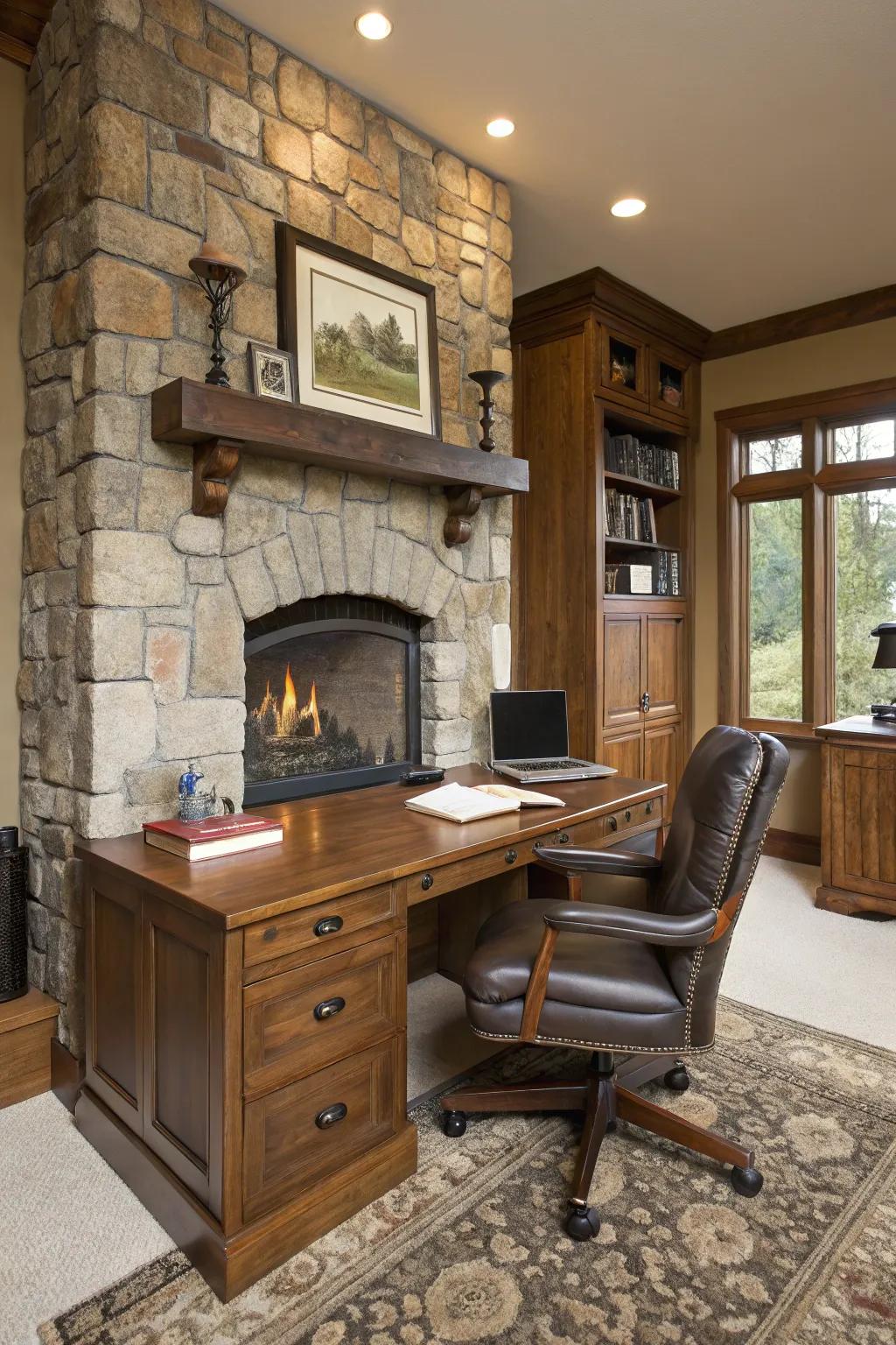 A stone fireplace adds a rustic touch to the office.