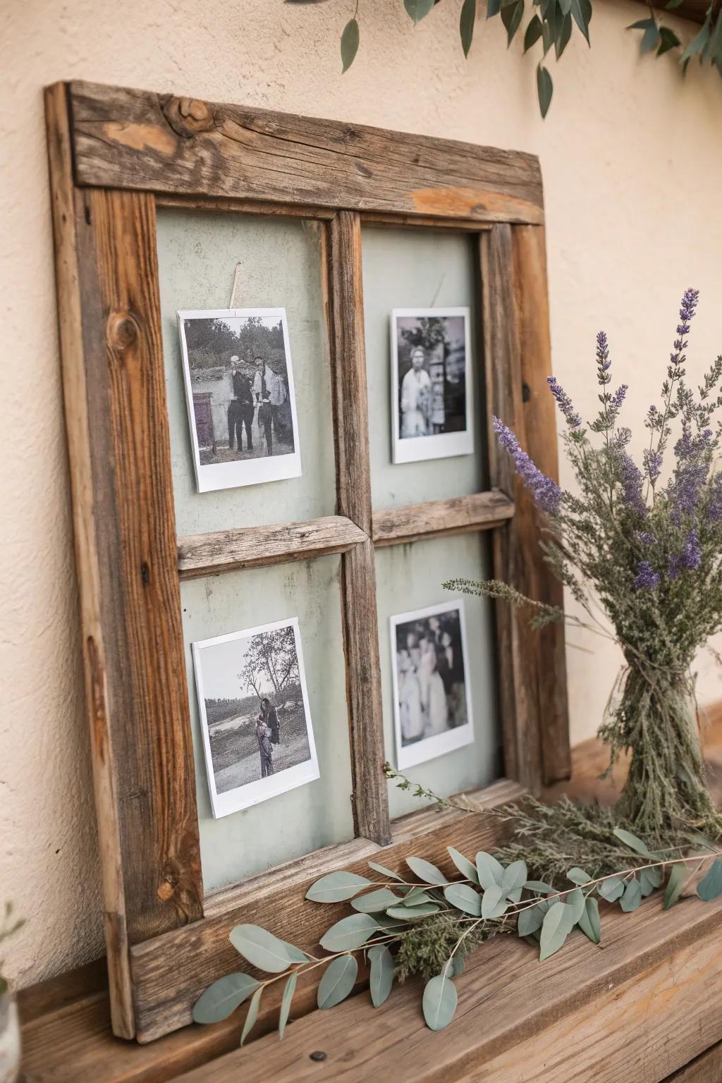 Transform memories into art with a rustic window photo collage—a perfect blend of nostalgia and style.