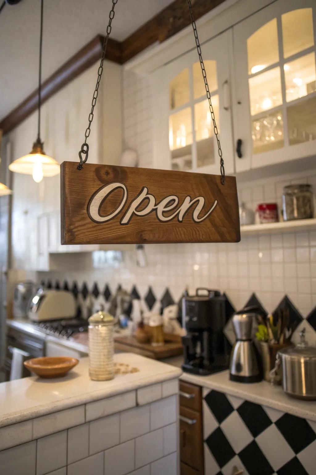 Add a playful touch with a themed open sign.