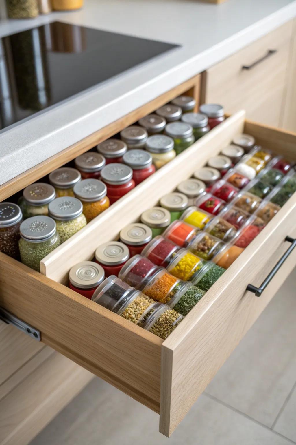 Turn your kitchen drawer into a colorful culinary inspiration with a perfectly organized spice rack.