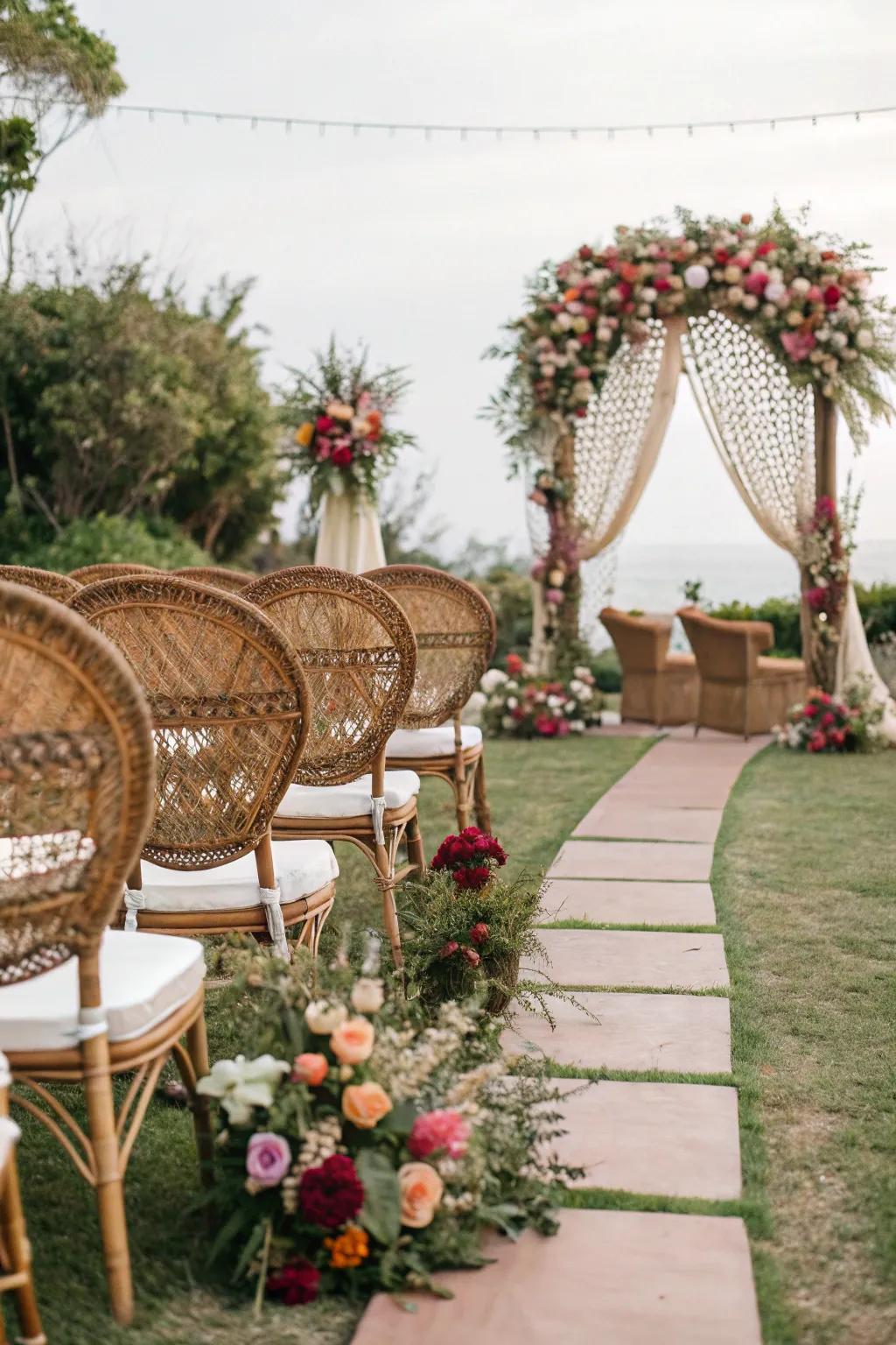 Elegant peacock chairs adorned with flowers at a boho wedding.