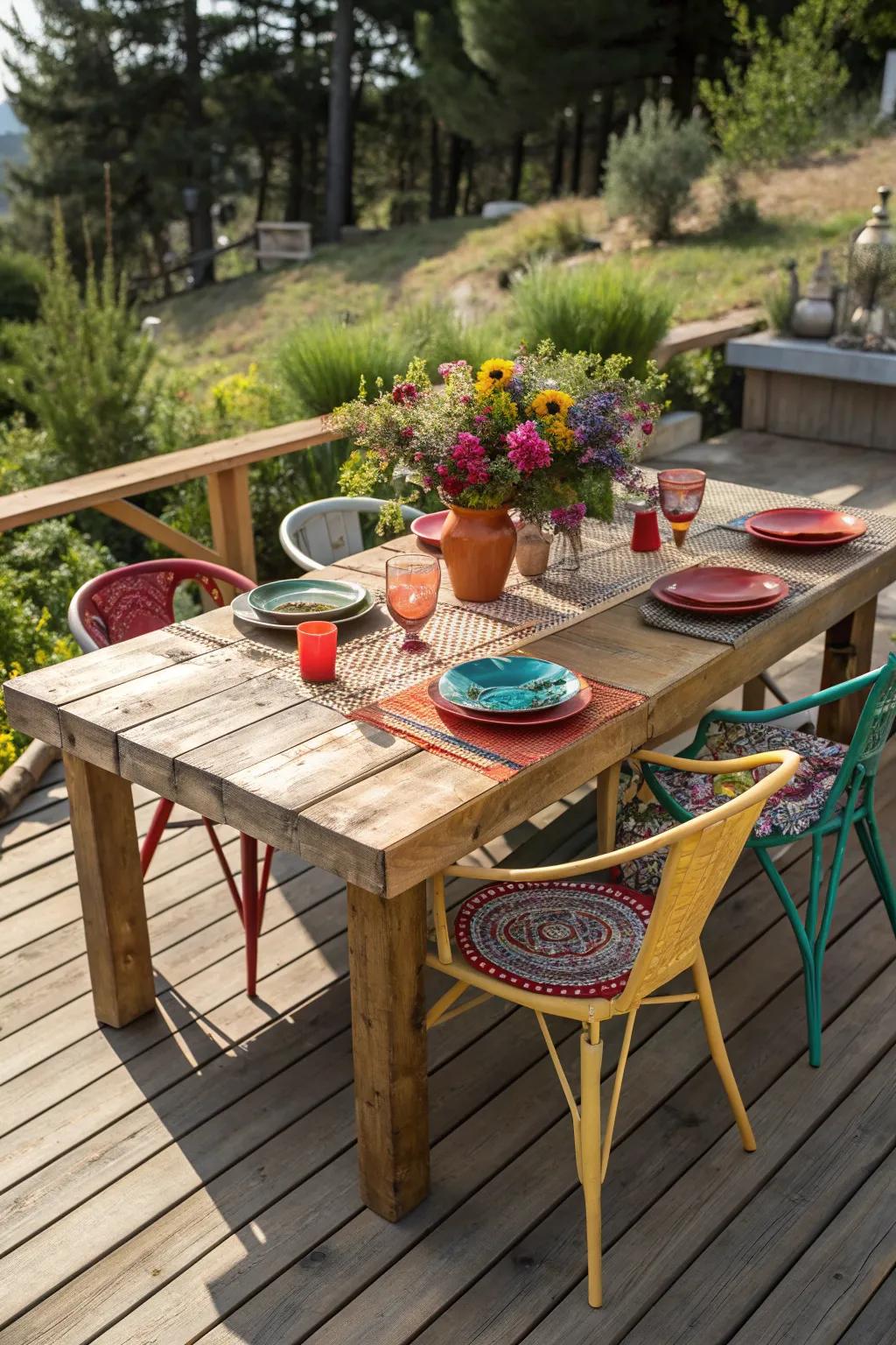 Elevate your outdoor gatherings with a rustic dining delight on your deck.