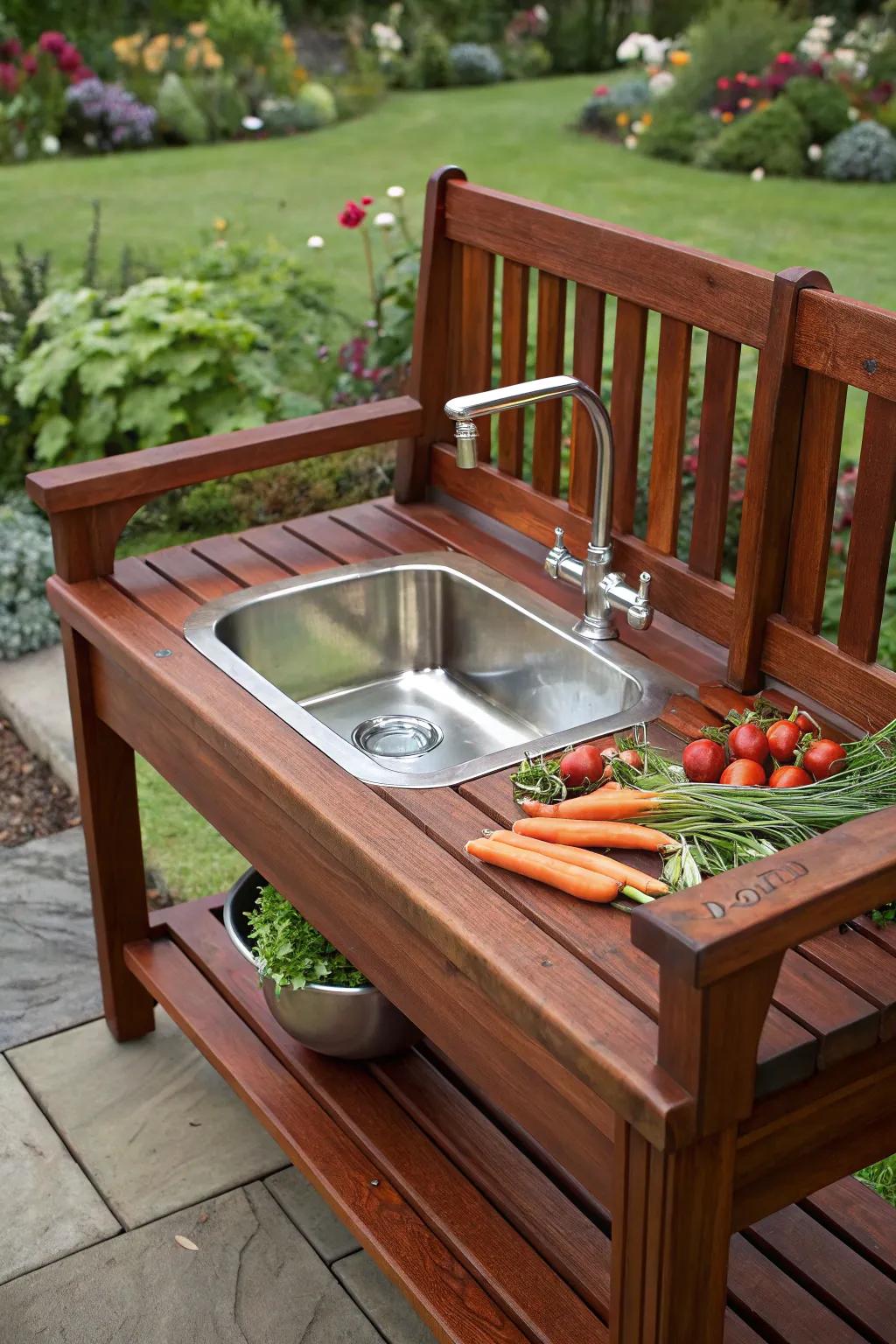 Elevate your garden space with a multifunctional bench sink—where craftsmanship meets utility.