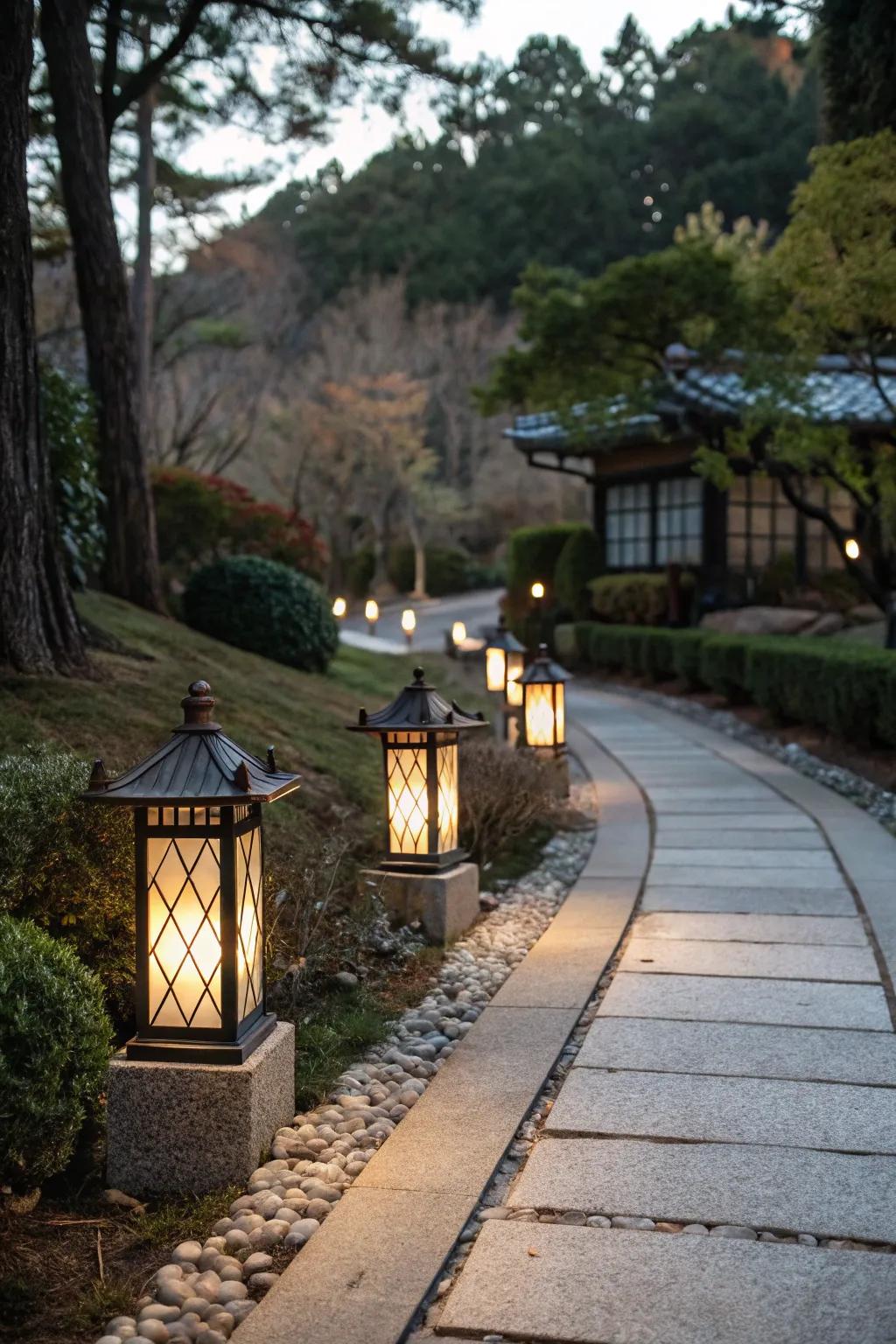 Timeless elegance with solar lanterns lighting your garden paths.