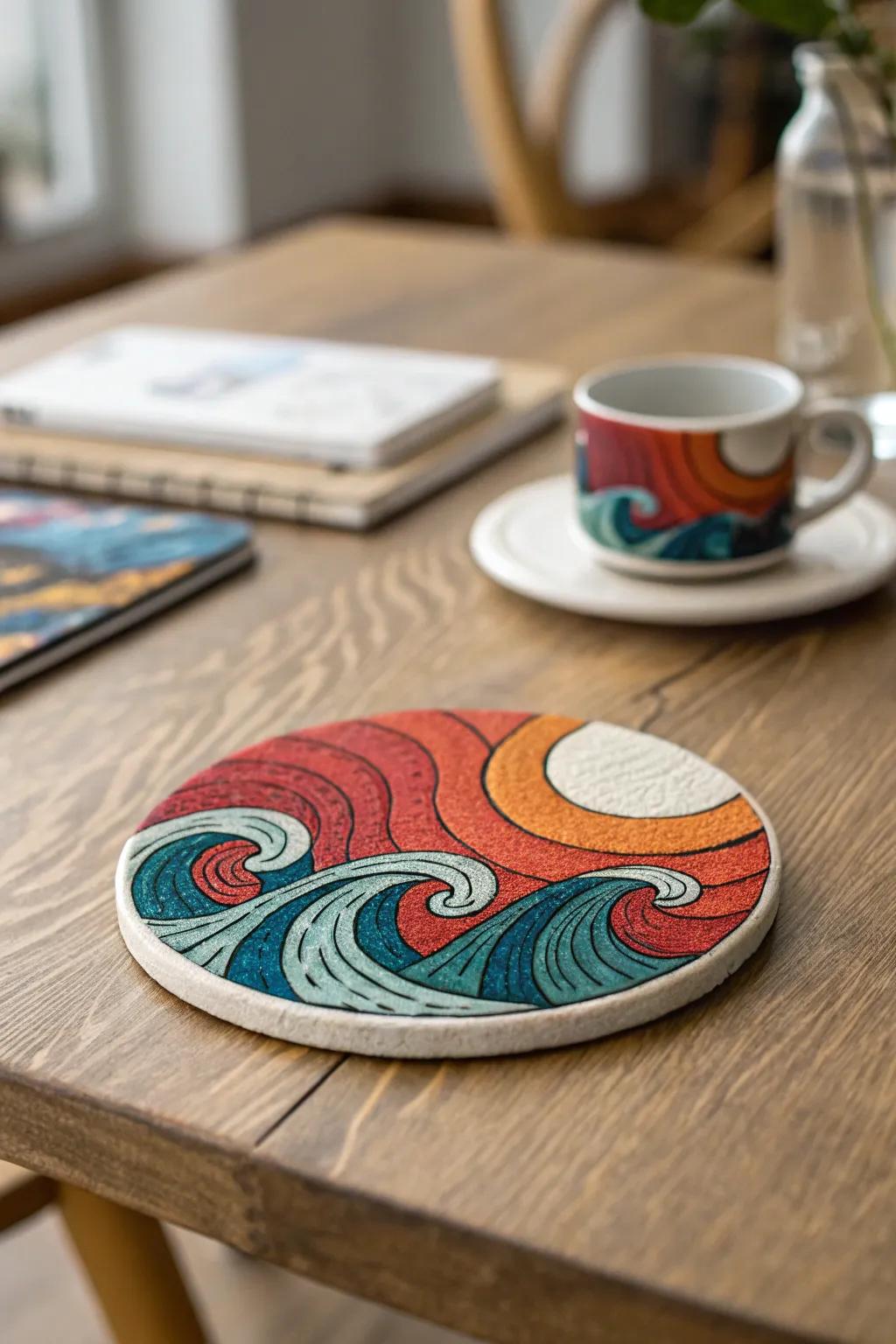 Elevate your coffee table style with these chic, handcrafted coasters featuring vibrant abstract ocean landscapes.