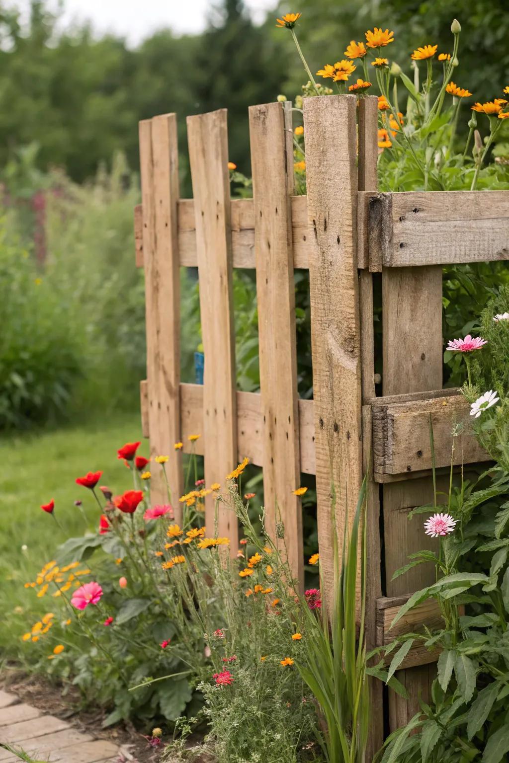 Embrace rustic elegance with a naturally charming pallet fence that complements your garden's wild beauty.