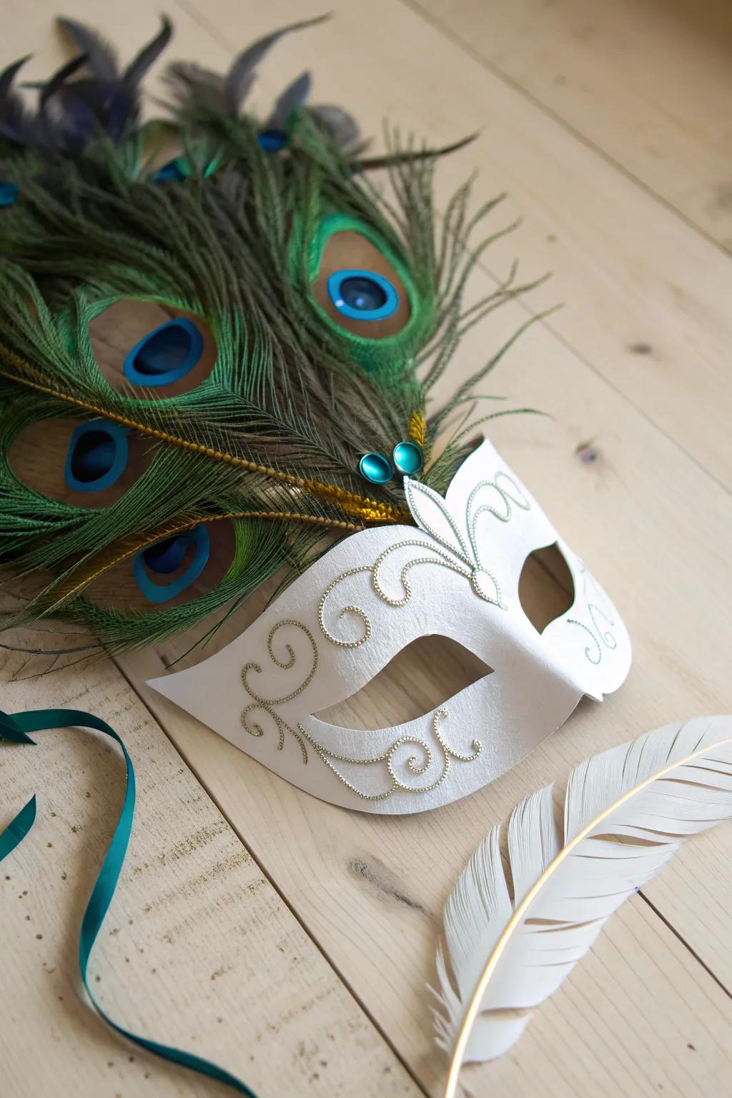 Embrace the carnival spirit with this exquisite feathered paper mask – a perfect blend of bold colors and minimalist design.