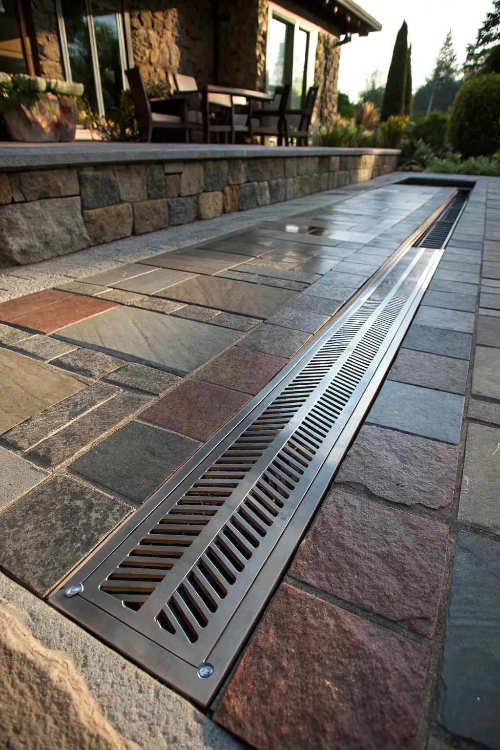 Enhance your patio's elegance and efficiency with a sleek trench drain—where style meets function.
