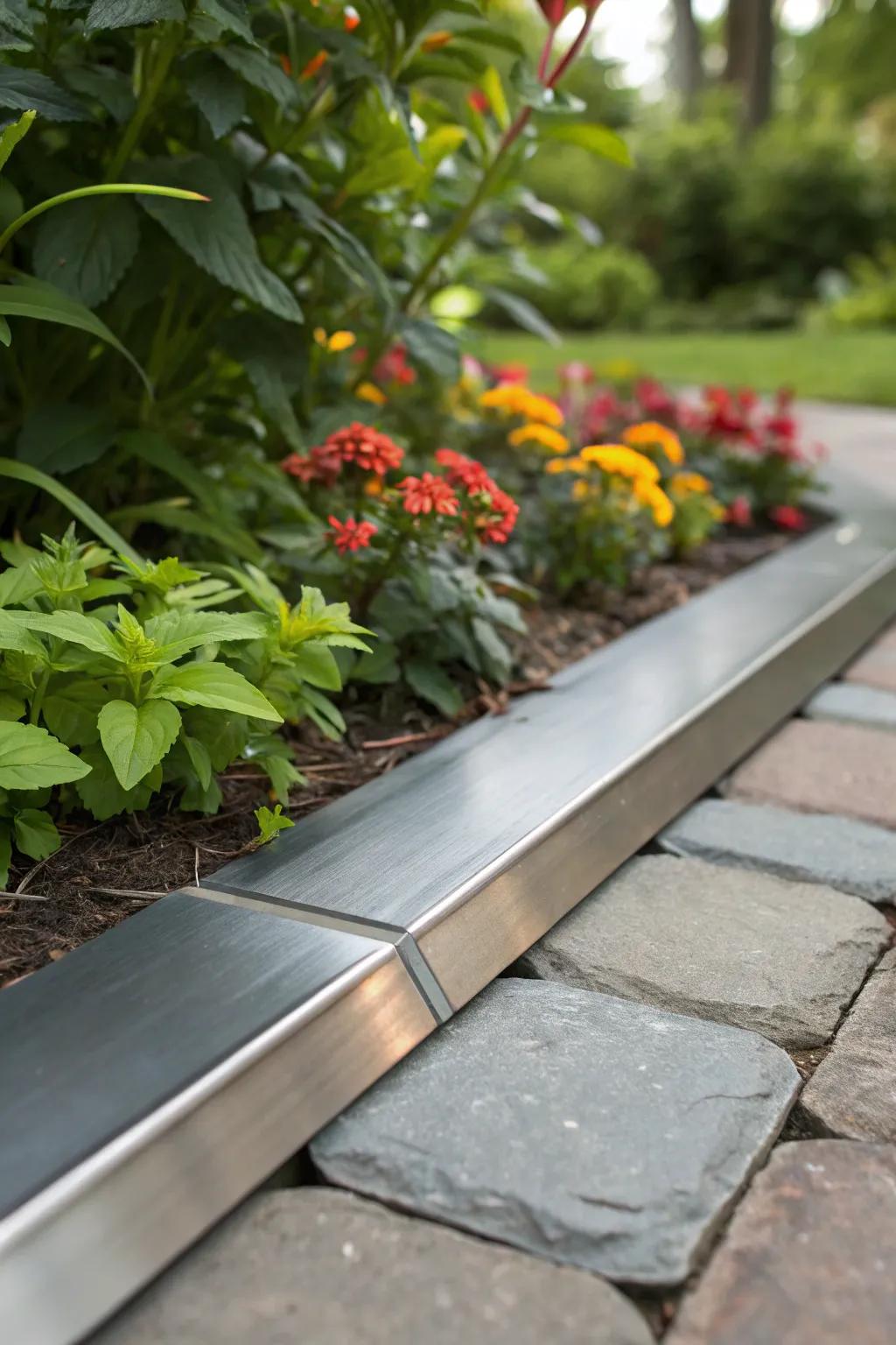 Enhance your garden path with a sleek metallic touch that stands out beautifully against lush greenery.